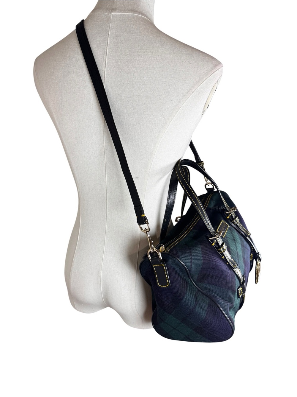 Dooney & Bourke Black Watch Plaid Canvas Satchel Crossbody Bag Blue Green - Picture 3 of 11